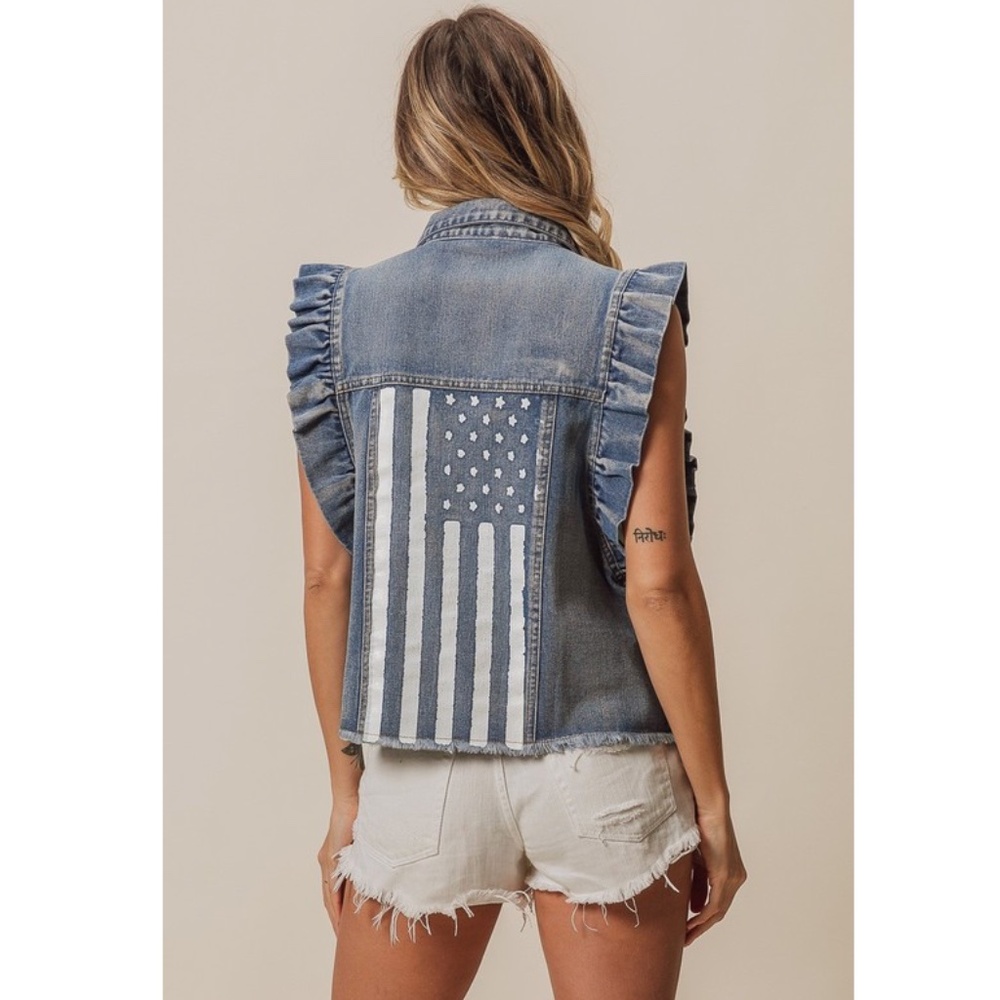 BiBi Denim Ruffle-Sleeve Vest with Star & Stripe Patchwork - Picture 3 of 4